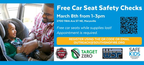 Announcement for free car seat safety checks on March 8, 2024