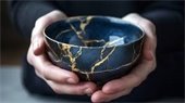 Two hands holding a repaired bowl with lots of cracks