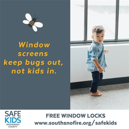 Young child standing next to a screened window. Text reads, "Window screens keep bugs out, not kids in" and "Free Window Locks - www.southsnofire.org/safekids"